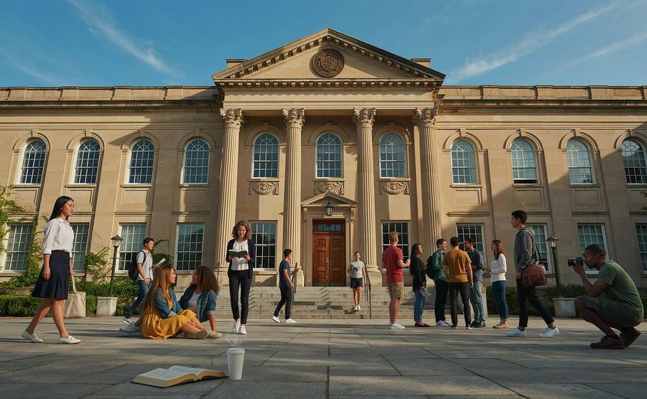 University building with students